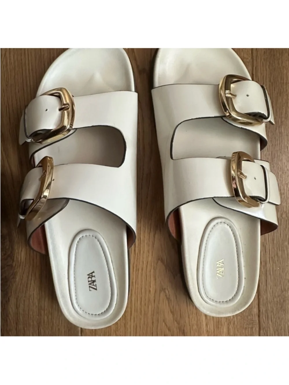 Zara Cream Leather Double-Buckle Slide Sandals with Gold Buckles - Picture 2 of 3